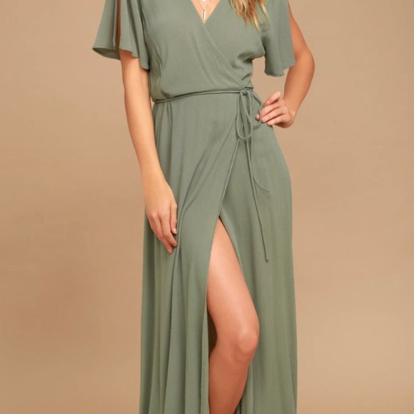 Lulus Dresses & Skirts - Lulu's Much Obliged Washed Olive Green Wrap Maxi Dress- Size XS